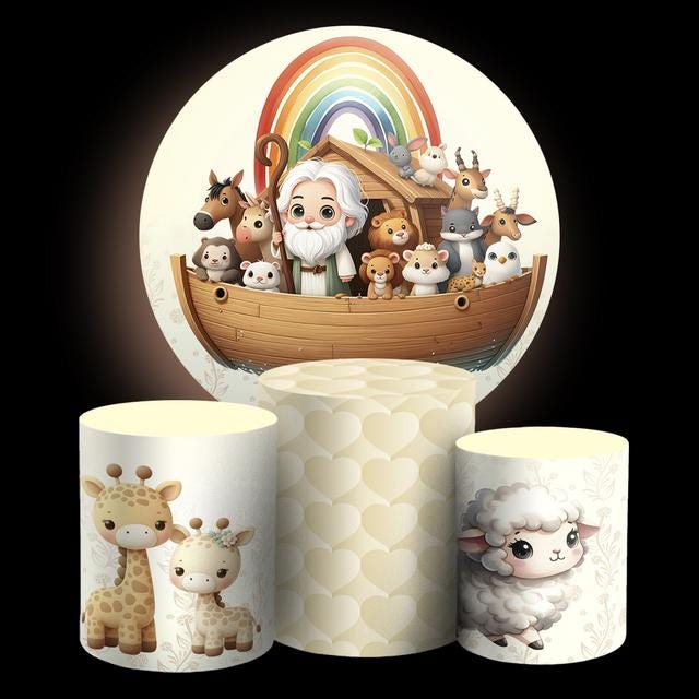 Noah's Ark Inspired Cartoon Backdrop Style Backdrop Cover | Round Backdrop for Birthday Party | Cylinder Covers Set | Party Decoration
