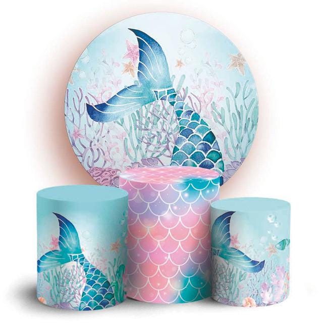 Mermaid Cartoon Style Backdrop Cover | Round Backdrop for Birthday Party | Cylinder Covers Set | Party Decoration