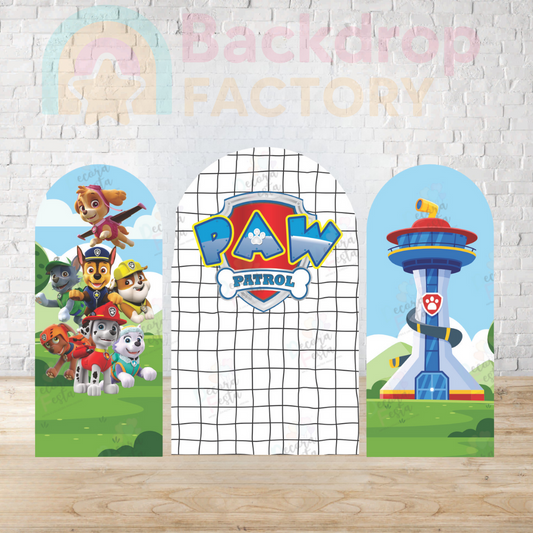 three backdrops, each depicting characters from the popular children's television series "Paw Patrol". The backdrops include a group of dogs, a tower, and a lighthouse, all set against a white brick wall.