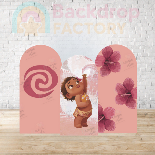a collage of three pink arch-shaped backdrops with illustrations of a young child and flowers.