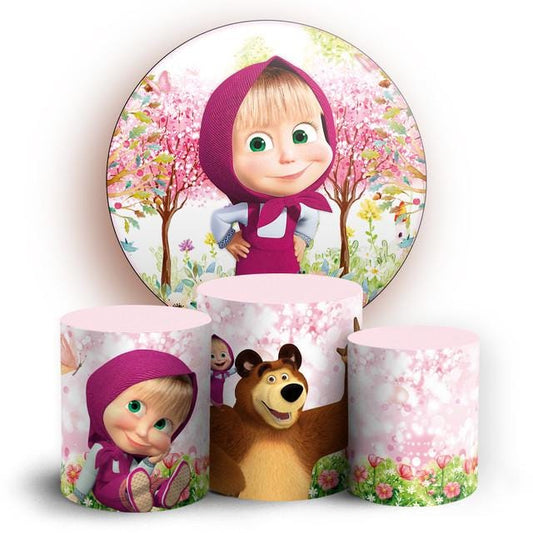 Bear Cartoon Style Backdrop Cover | Round Backdrop for Birthday Party | Cylinder Covers Set | Party Decoration