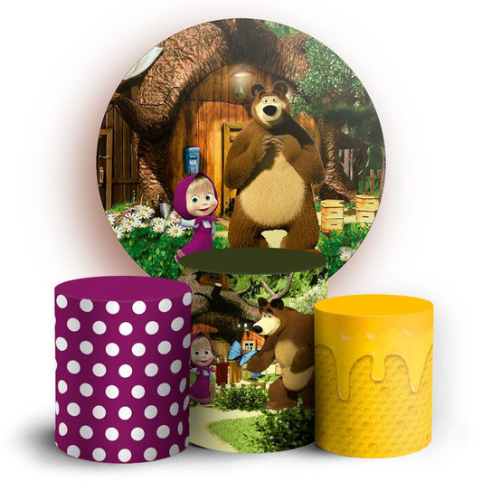 Little Girl & Bear Inspired Backdrop Style Backdrop Cover | Round Backdrop for Birthday Party | Cylinder Covers Set | Party Decoration
