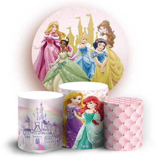 Princess cartoon Backdrop Style Backdrop Cover | Round Backdrop for Birthday Party | Cylinder Covers Set | Party Decoration