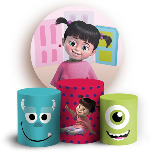 Cartoon Monster Friends Party Style Backdrop Cover | Round Backdrop for Birthday Party | Cylinder Covers Set | Party Decoration