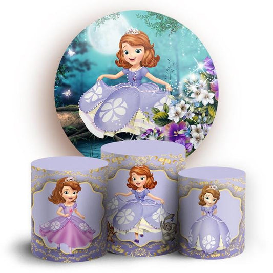 Purple Royal Cartoon Party Style Backdrop Cover | Round Backdrop for Birthday Party | Cylinder Covers Set | Party Decoration