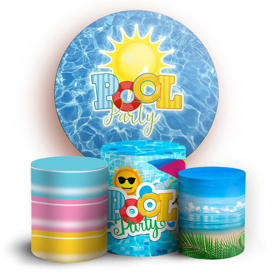 Pool Party Cartoon Style Backdrop Cover | Round Backdrop for Birthday Party | Cylinder Covers Set | Party Decoration
