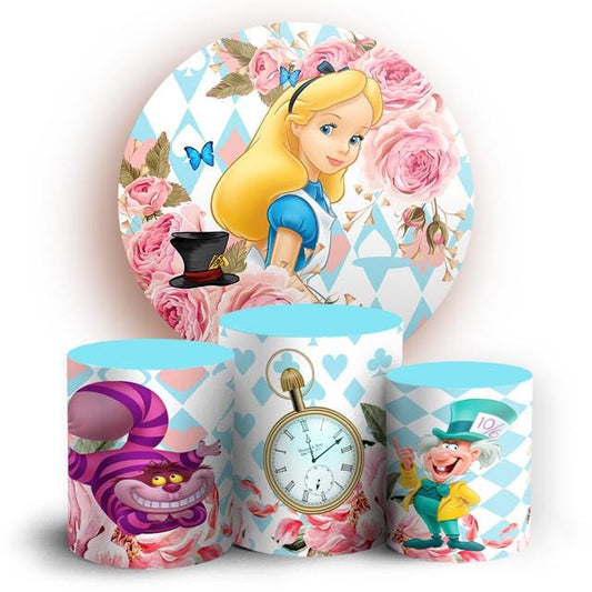 Tea party cartoon Backdrop Style Backdrop Cover | Round Backdrop for Birthday Party | Cylinder Covers Set | Party Decoration