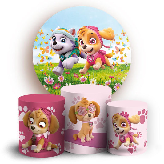Cartoon Puppy Heroes Party Style Backdrop Cover | Round Backdrop for Birthday Party | Cylinder Covers Set | Party Decoration