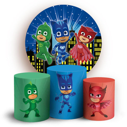 Cartoon Masked Heroes Party Style Backdrop Cover | Round Backdrop for Birthday Party | Cylinder Covers Set | Party Decoration