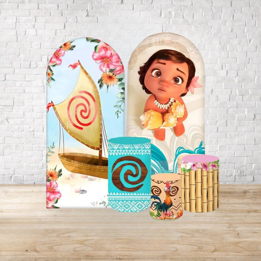 Hawaiian Princess Cartoon Style Arch Backdrop Cover 5 Pieces | Arch Backdrop for Birthday Party | Cylinder Covers Set | Party Decoration