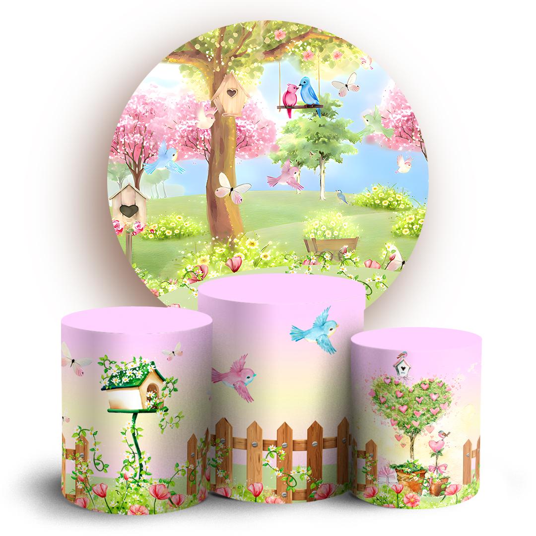 garden Cartoon  Backdrop Style Backdrop Cover | Round Backdrop for Birthday Party | Cylinder Covers Set | Party Decoration