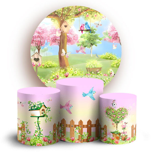 garden Cartoon  Backdrop Style Backdrop Cover | Round Backdrop for Birthday Party | Cylinder Covers Set | Party Decoration