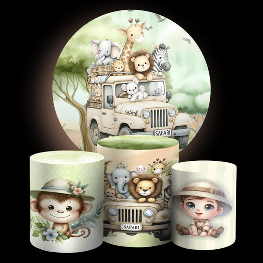 Inspired Safari Cartoon  Backdrop Style Backdrop Cover | Round Backdrop for Birthday Party | Cylinder Covers Set | Party Decoration