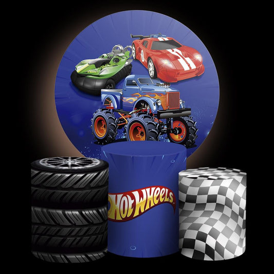 Race cars inspired Cartoon  Backdrop Style Backdrop Cover | Round Backdrop for Birthday Party | Cylinder Covers Set | Party Decoration